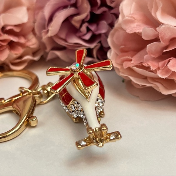 Whimsical Red and White Crystal Helicopter Keychain Charm - Picture 9 of 16